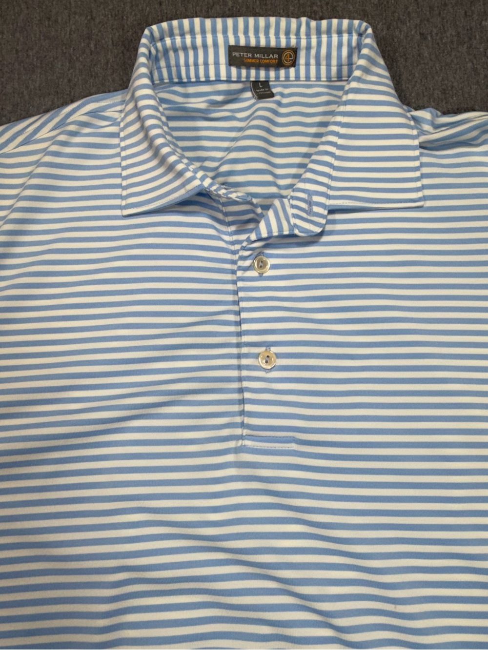 Peter Millar Summer Comfort Polo Men’s L Light Blue & White Striped Polo Shirt